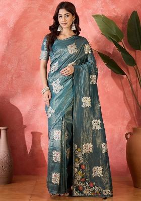 Teal Embroidered Simmer Saree Set