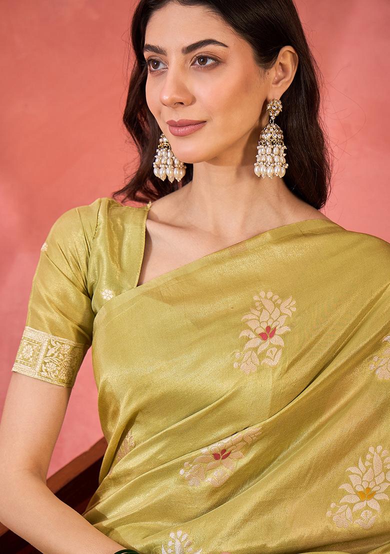 Green Embroidered Simmer Saree Set - Indya