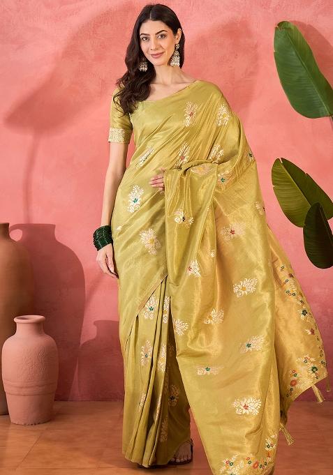 Green Embroidered Simmer Saree Set