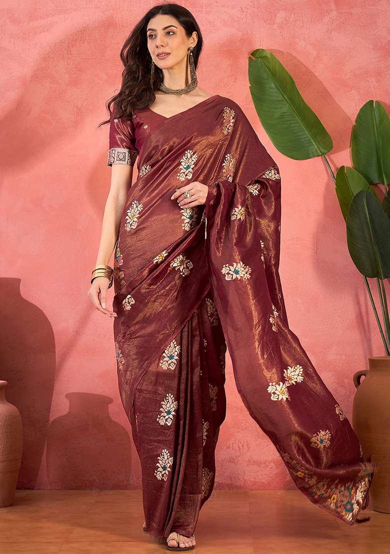 Maroon Embroidered Simmer Saree Set for Diwali and Festive Wear - Indya
