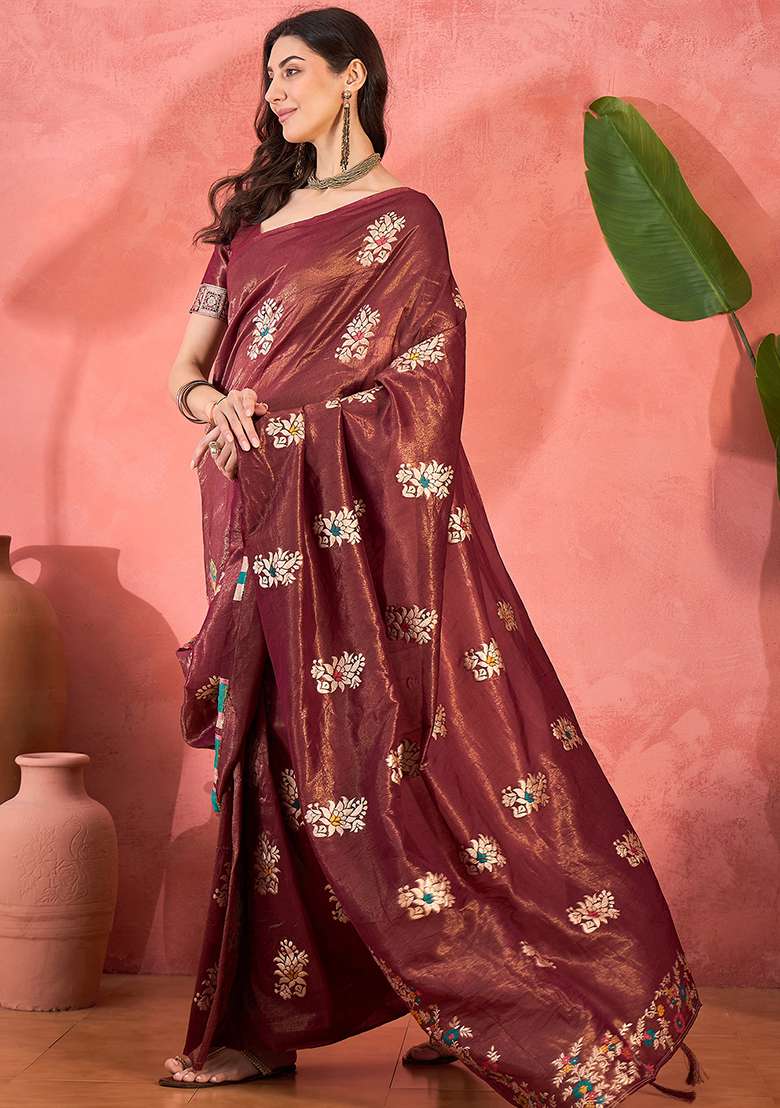 Maroon Embroidered Simmer Saree Set for Diwali and Festive Wear - Indya