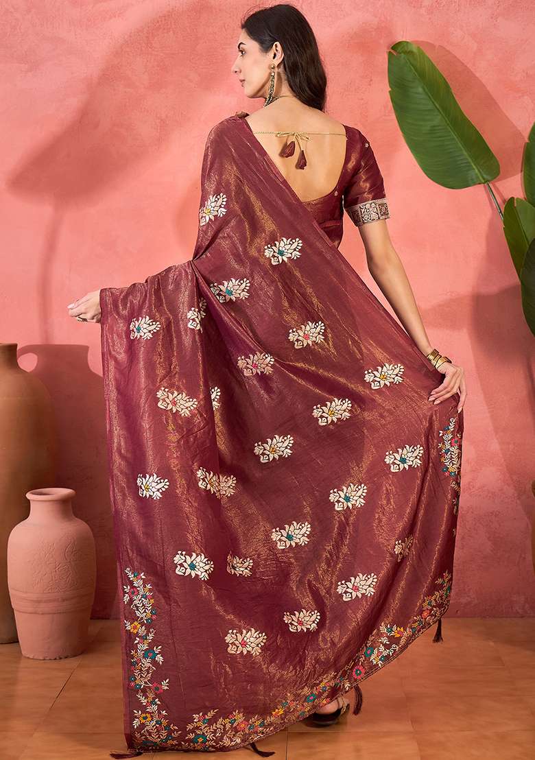 Maroon Embroidered Simmer Saree Set for Diwali and Festive Wear - Indya