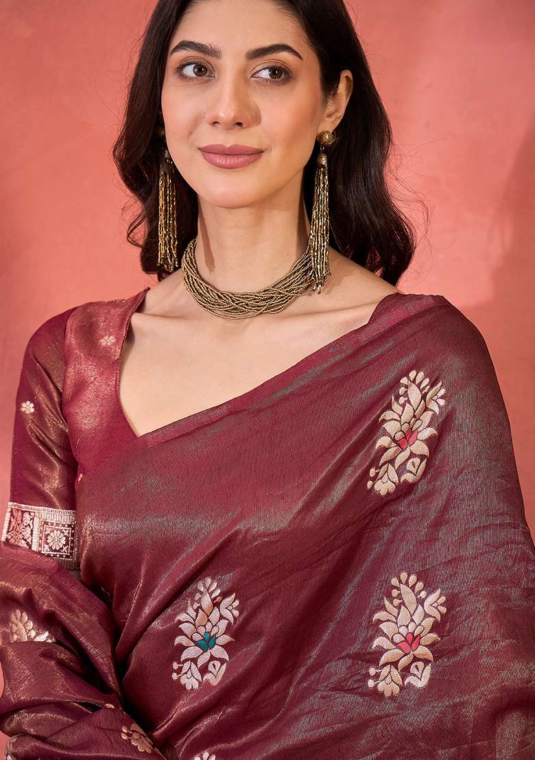 Maroon Embroidered Simmer Saree Set for Diwali and Festive Wear - Indya