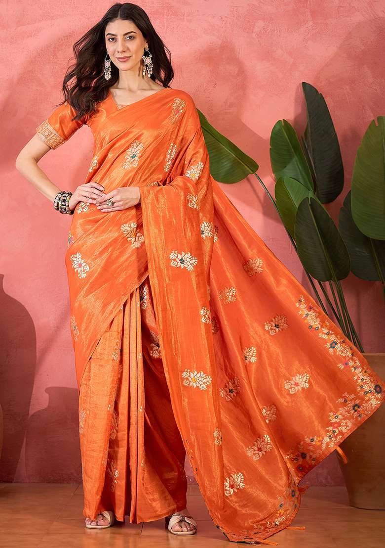Orange Simmer Saree Set with Embroidered for Diwali | Wedding & Festive Wear - Indya