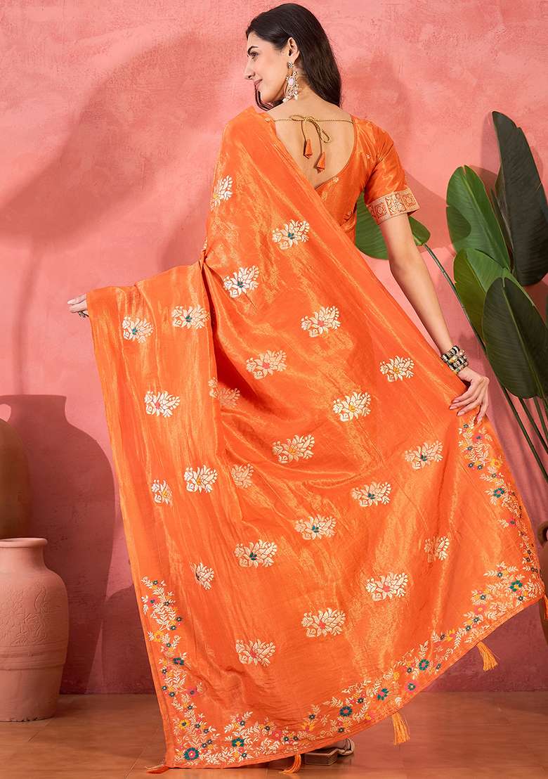 Orange Simmer Saree Set with Embroidered for Diwali | Wedding & Festive Wear - Indya