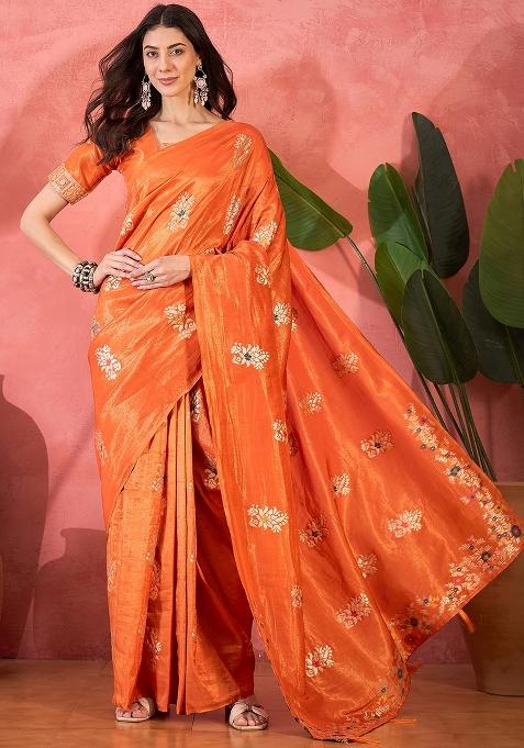 Orange Embroidered Simmer Saree Set