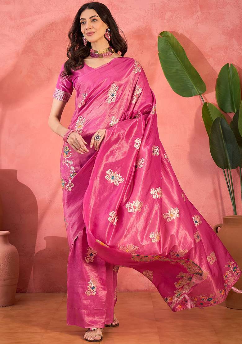 Pink Embroidered Simmer Saree Set for Diwali and Festive Wear - Indya