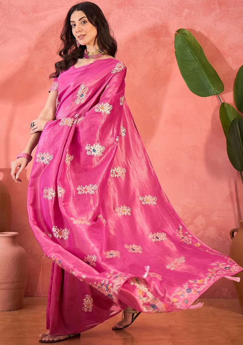 Pink Embroidered Simmer Saree Set for Diwali and Festive Wear - Indya
