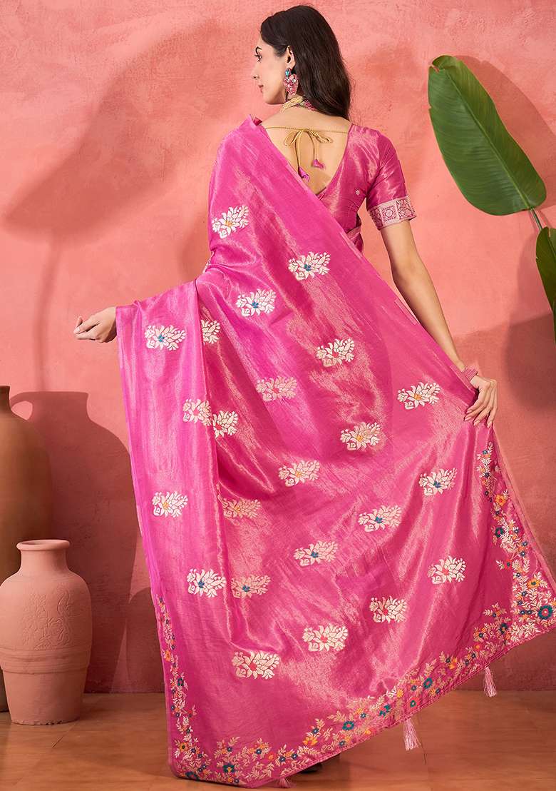Pink Embroidered Simmer Saree Set for Diwali and Festive Wear - Indya