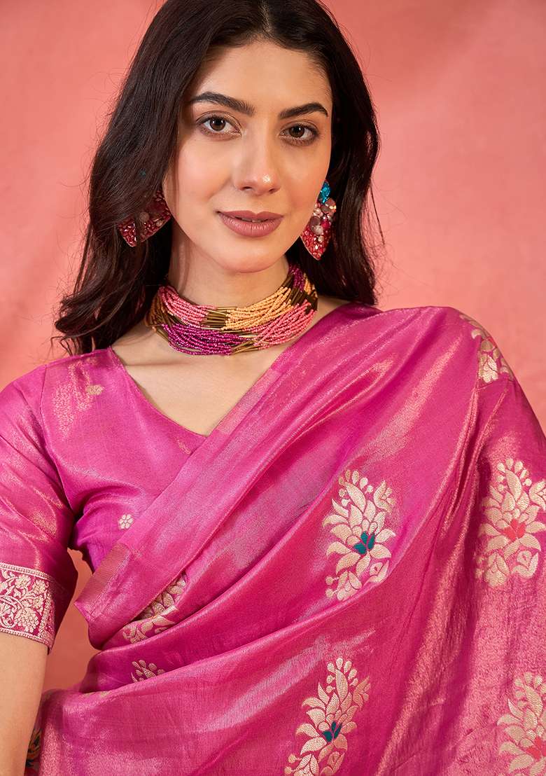 Pink Embroidered Simmer Saree Set for Diwali and Festive Wear - Indya