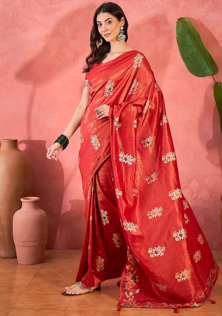 Red Embroidered Simmer Saree Set for Diwali and Festive Wear - Indya