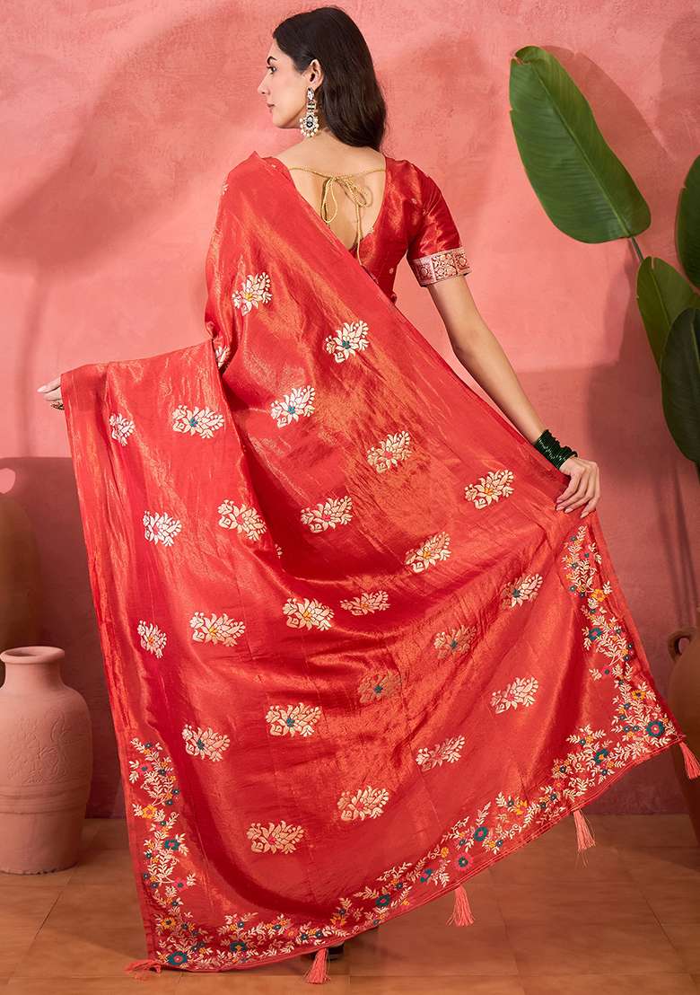 Red Embroidered Simmer Saree Set for Diwali and Festive Wear - Indya