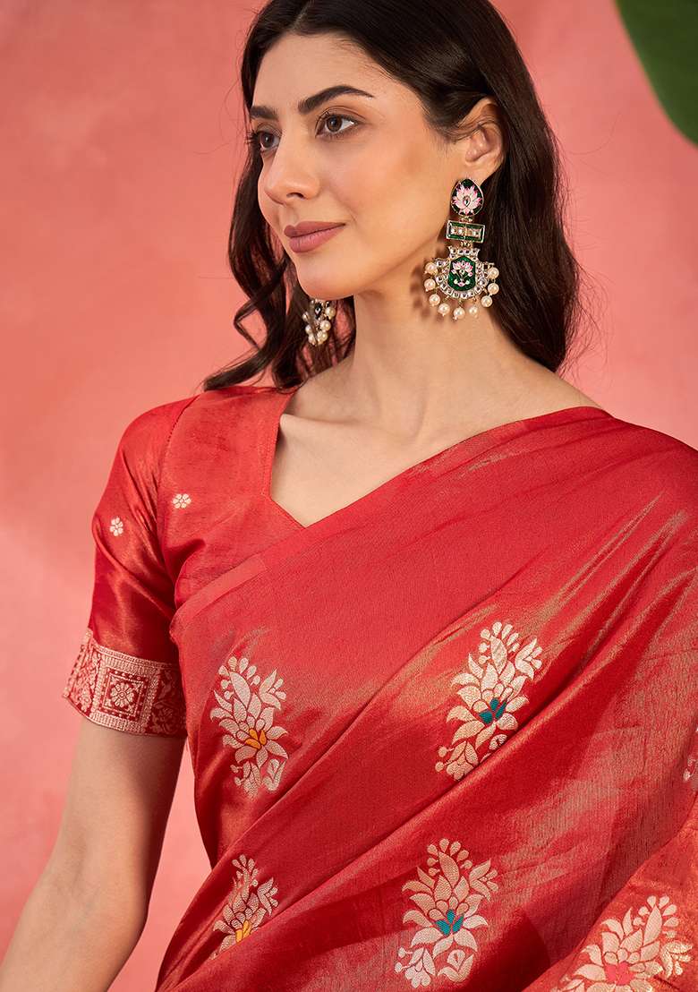 Red Embroidered Simmer Saree Set for Diwali and Festive Wear - Indya
