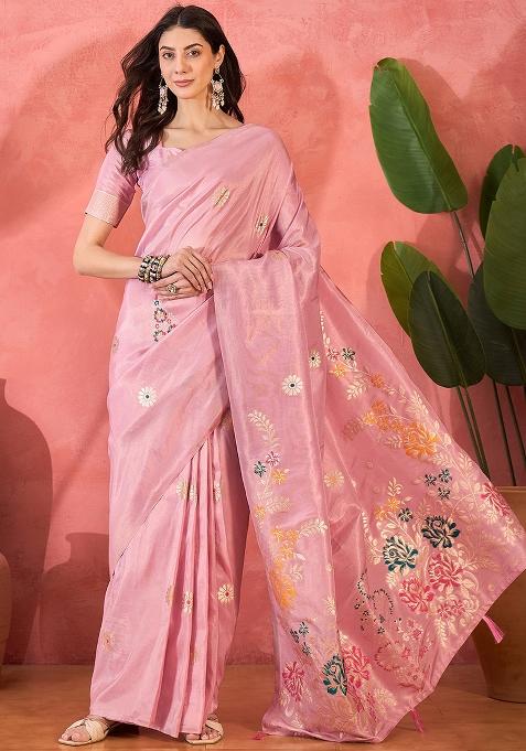 Baby Pink Embroidered Simmer Saree Set