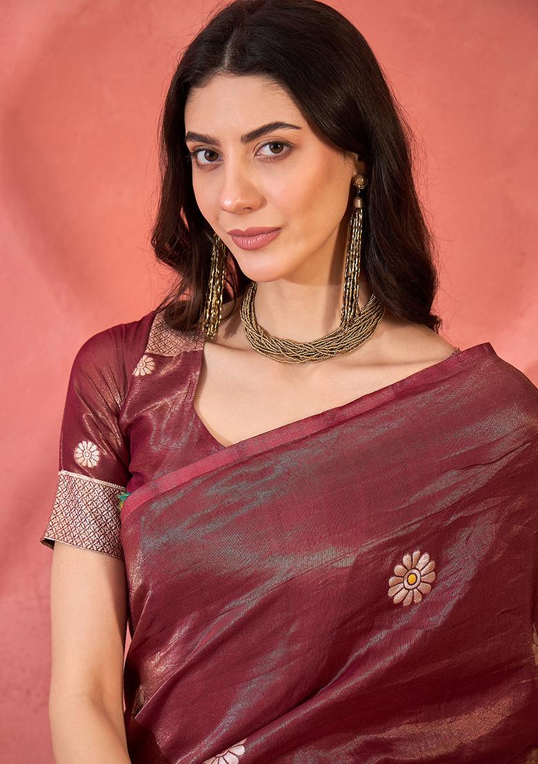 Maroon Embroidered Simmer Saree Set - Indya