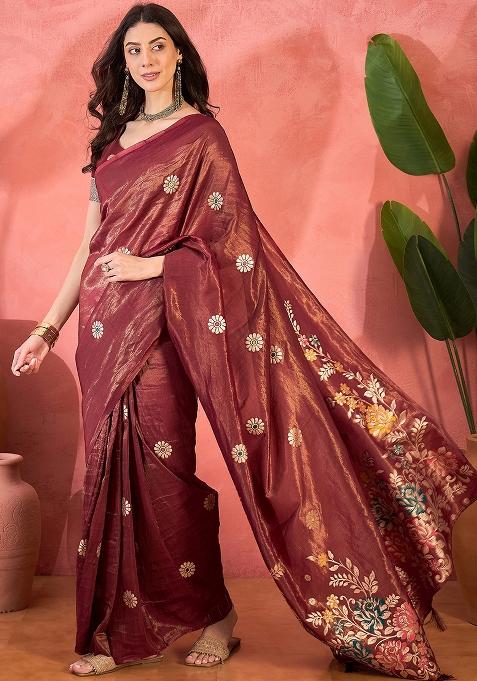 Maroon Embroidered Simmer Saree Set