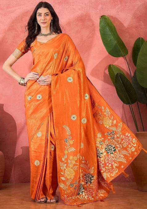 Orange Embroidered Simmer Saree Set