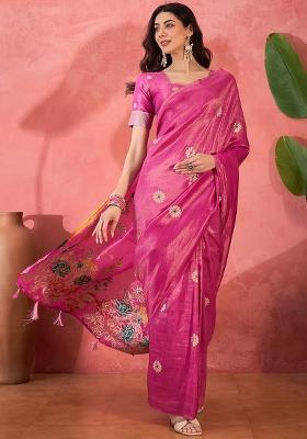 Pink Embroidered Simmer Saree Set