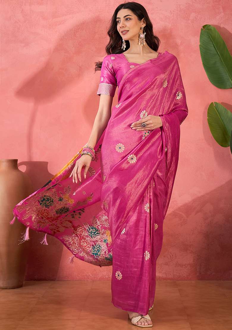 Pink Embroidered Simmer Saree Set - Indya