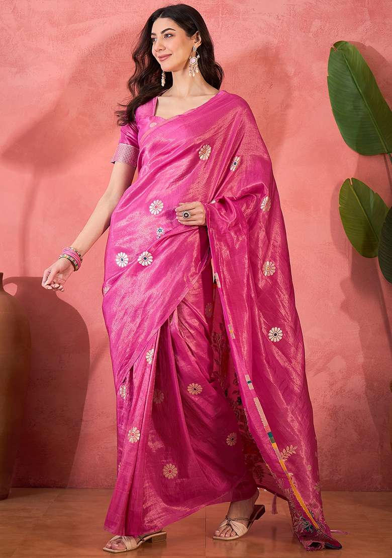 Pink Embroidered Simmer Saree Set - Indya