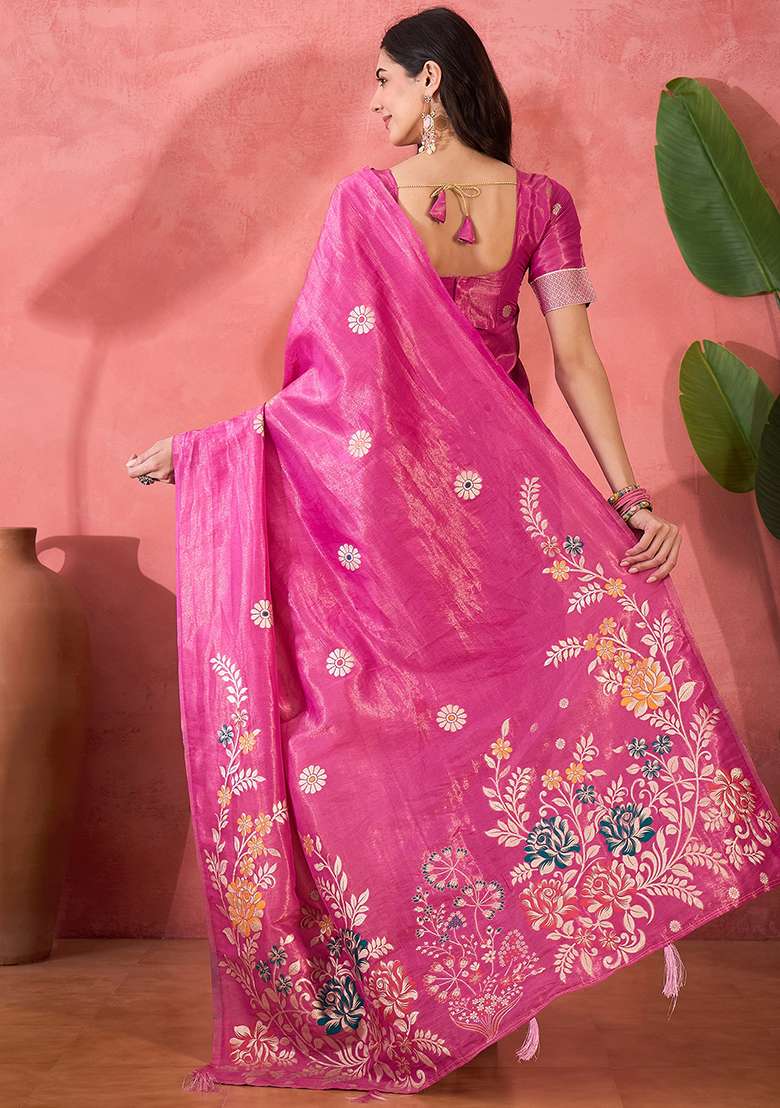 Pink Embroidered Simmer Saree Set - Indya