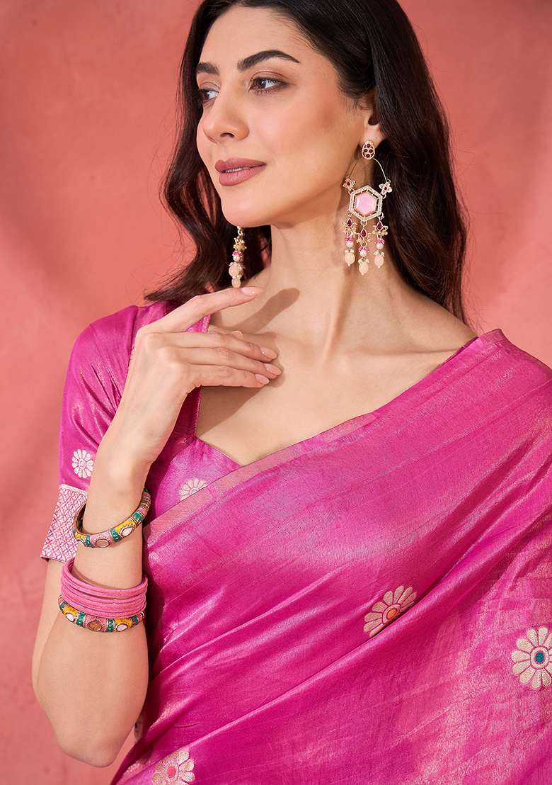 Pink Embroidered Simmer Saree Set - Indya