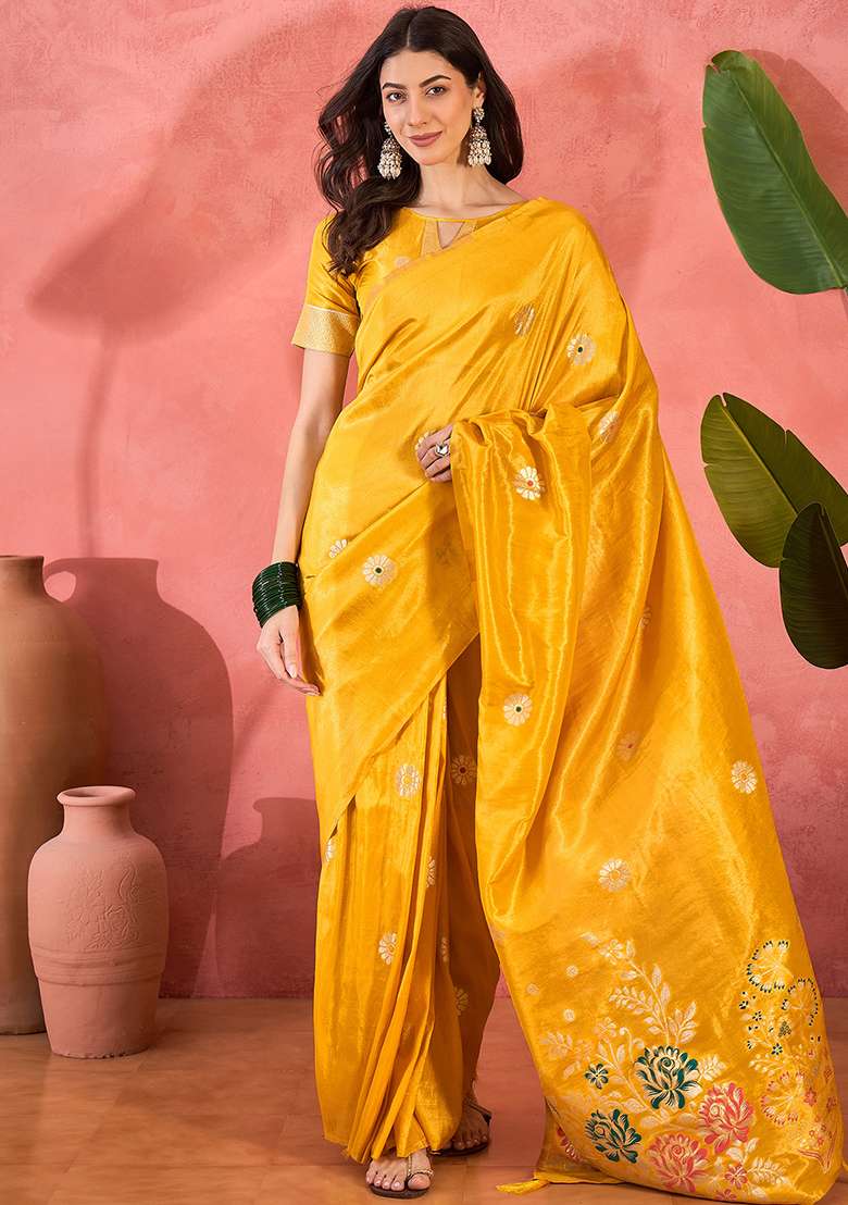 Yellow Embroidered Simmer Saree Set - Indya
