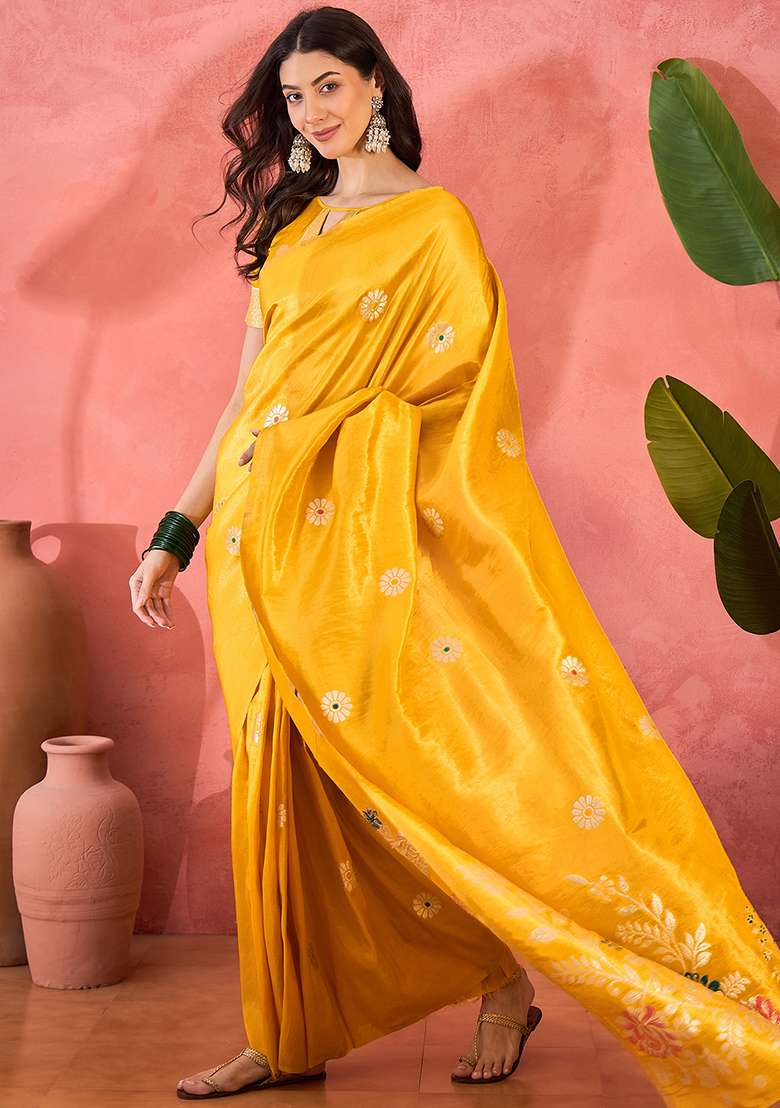 Yellow Embroidered Simmer Saree Set - Indya