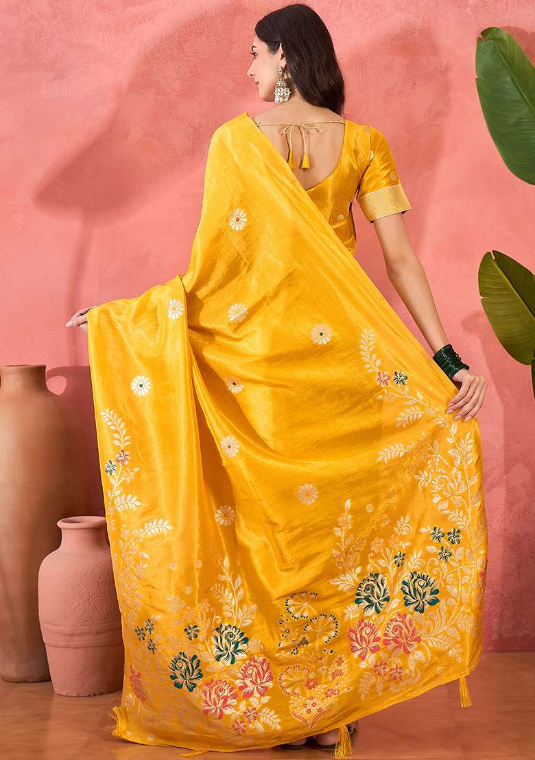 Yellow Embroidered Simmer Saree Set - Indya