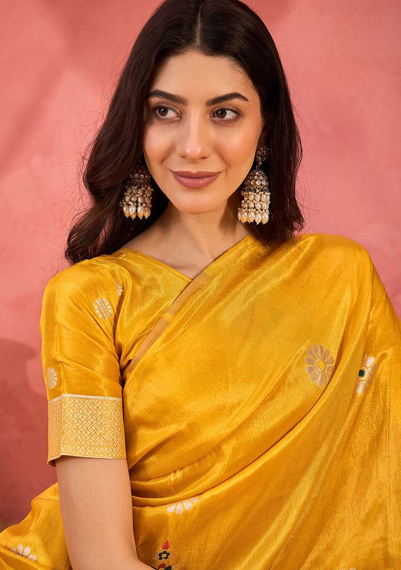 Yellow Embroidered Simmer Saree Set - Indya