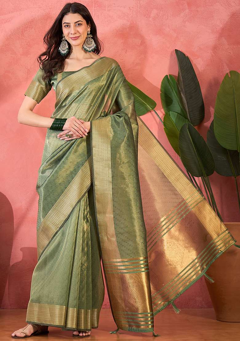 Green Embroidered Oragnza Saree Set - Indya