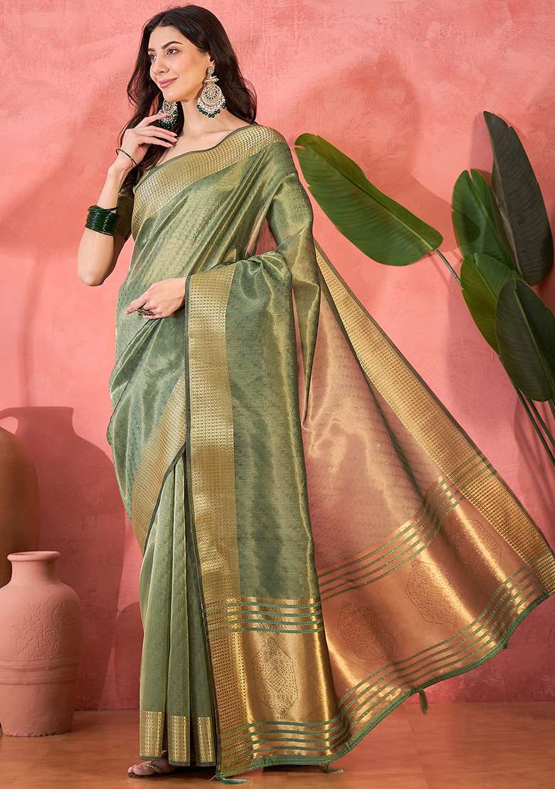 Green Embroidered Oragnza Saree Set - Indya
