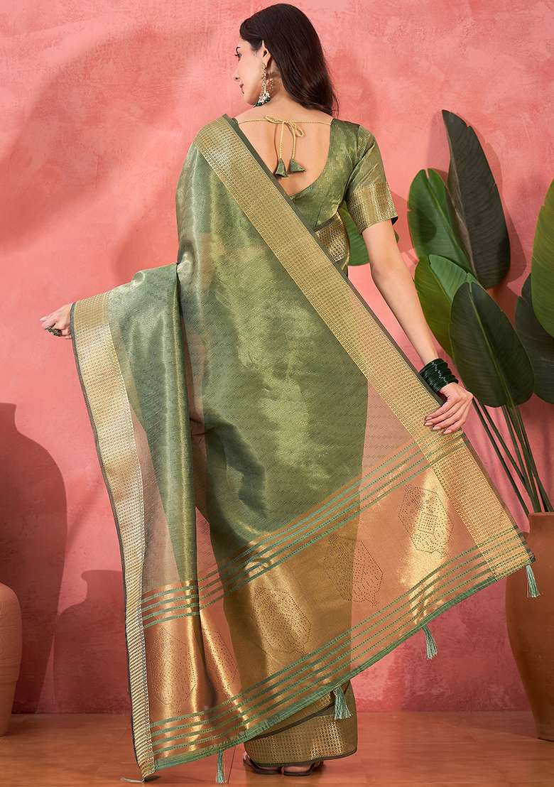 Green Embroidered Oragnza Saree Set - Indya