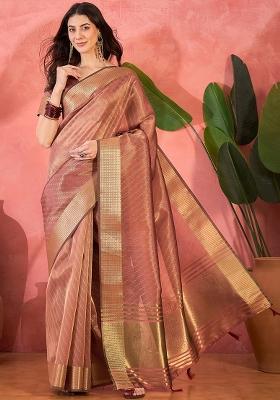 Peach Embroidered Oragnza Saree Set