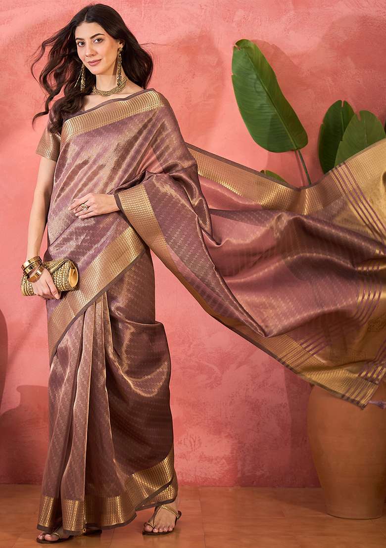 Purple Embroidered Oragnza Saree Set for Diwali and Festive Wear - Indya