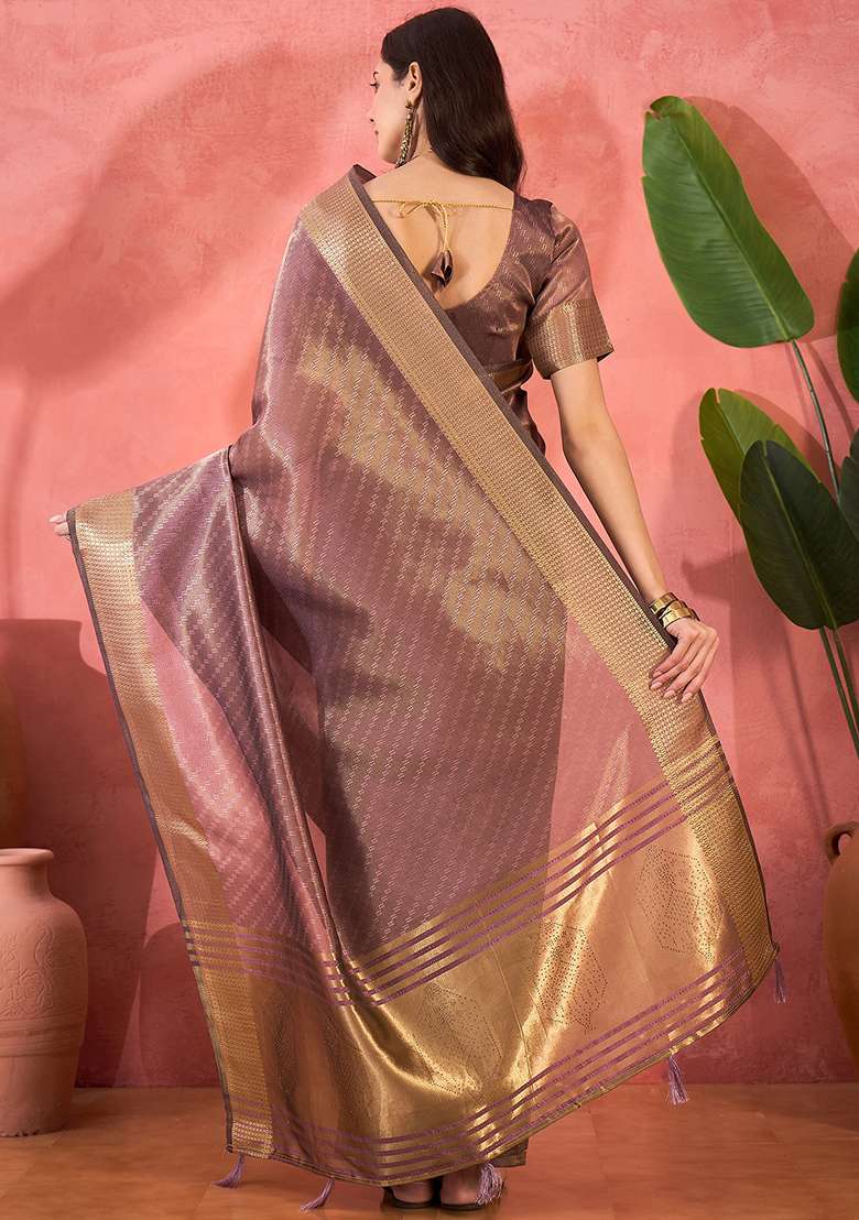 Purple Embroidered Oragnza Saree Set for Diwali and Festive Wear - Indya