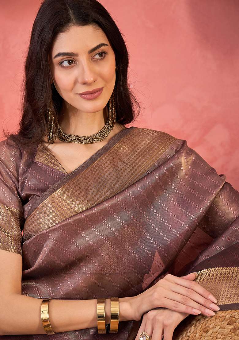 Purple Embroidered Oragnza Saree Set for Diwali and Festive Wear - Indya