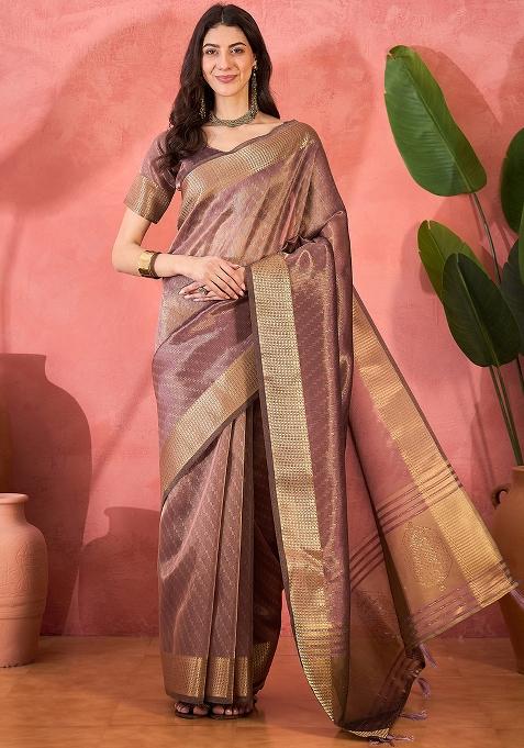 Purple Embroidered Oragnza Saree Set