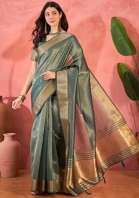 Sea Green Embroidered Oragnza Saree Set