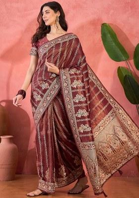 Maroon Embroidered Simmer Saree Set