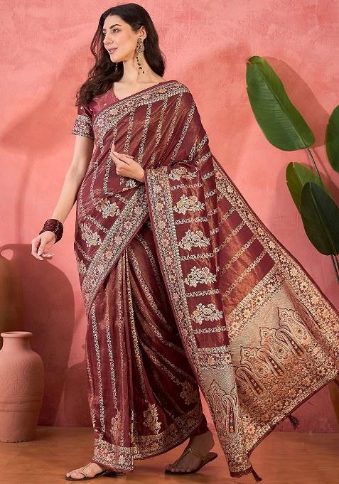 Maroon Embroidered Simmer Saree Set