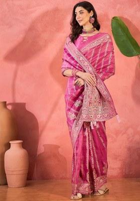 Pink Embroidered Simmer Saree Set