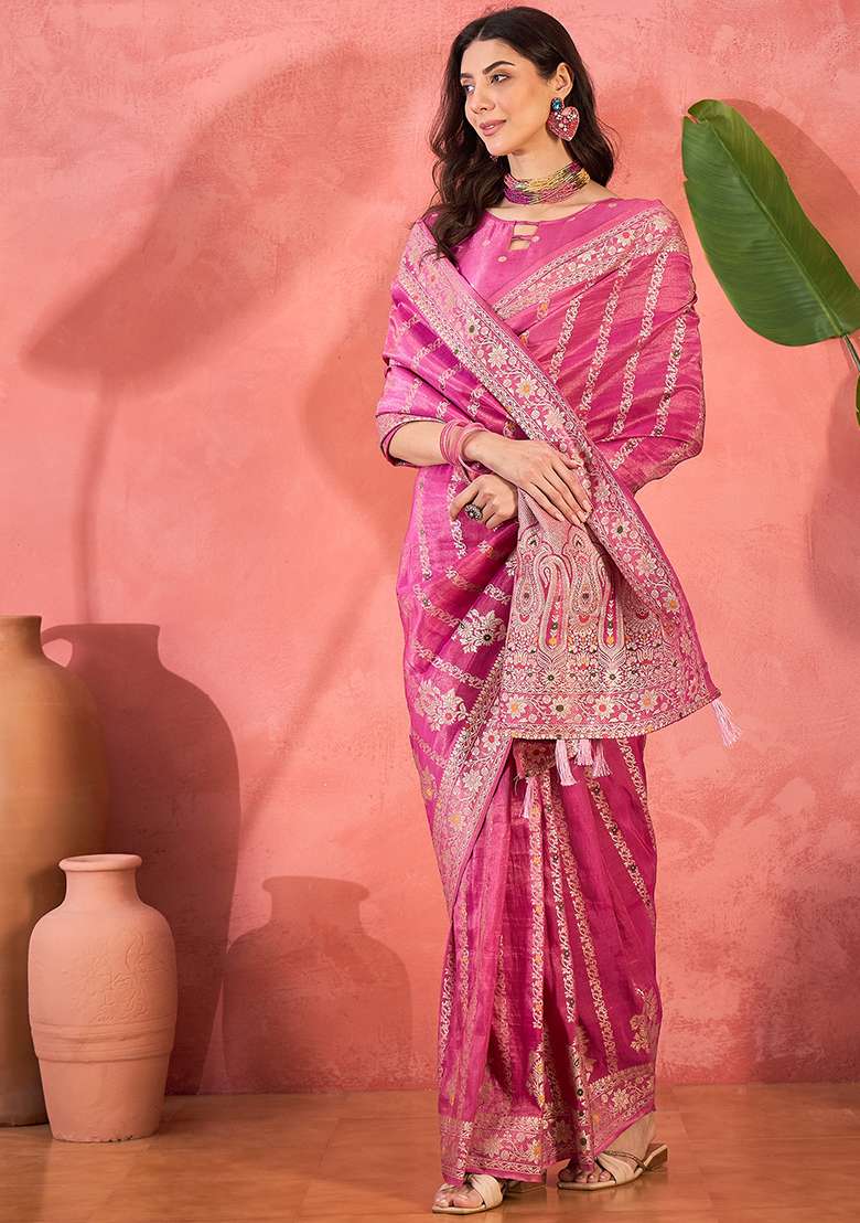 Pink Embroidered Simmer Saree Set - Indya