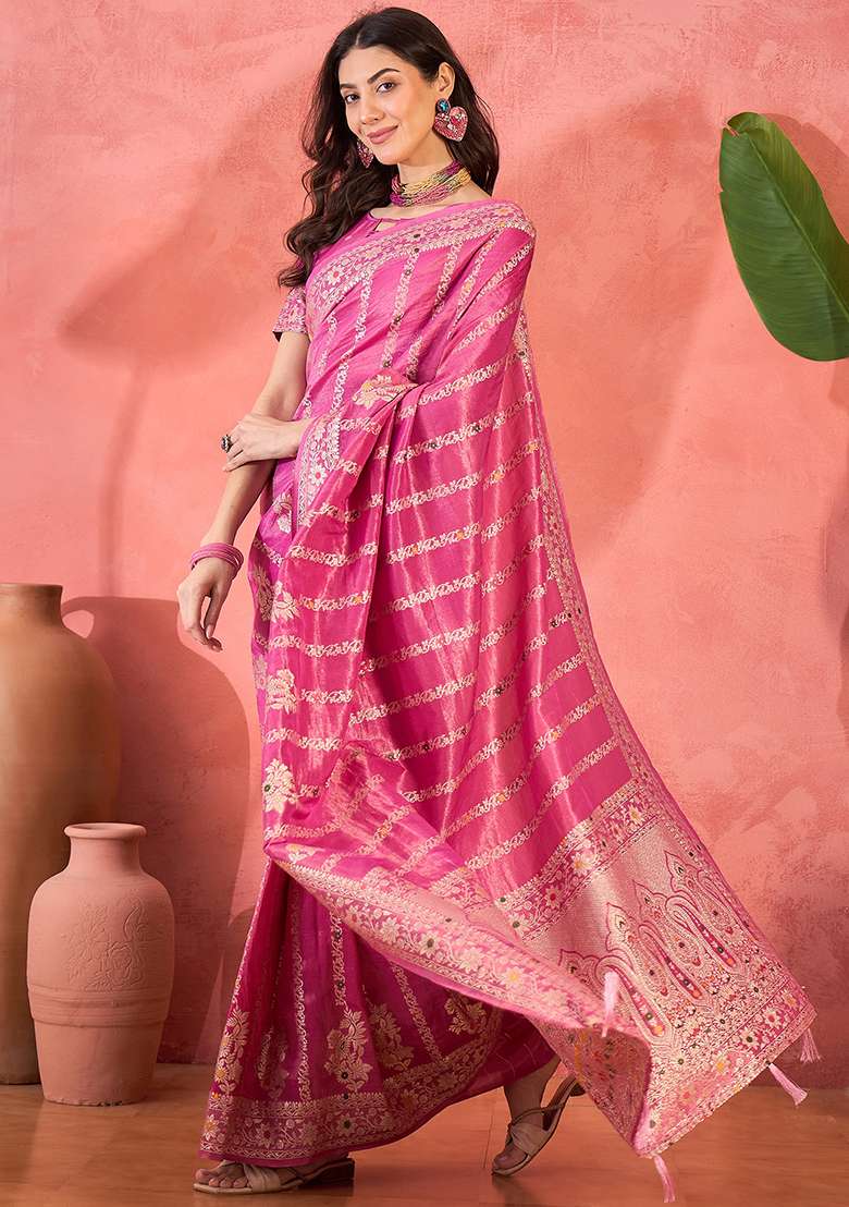Pink Embroidered Simmer Saree Set - Indya