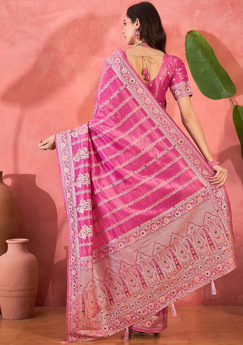 Pink Embroidered Simmer Saree Set - Indya