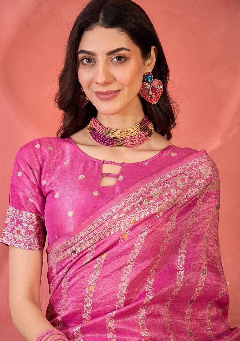 Pink Embroidered Simmer Saree Set - Indya