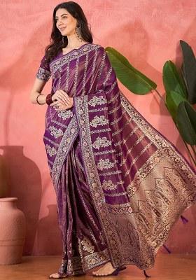 Purple Embroidered Simmer Saree Set