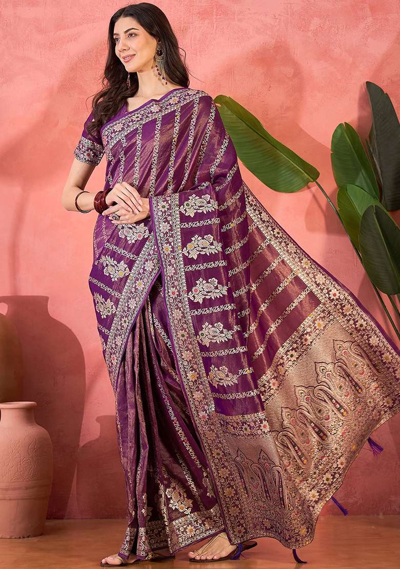 Purple Embroidered Simmer Saree Set for Diwali and Festive Wear - Indya