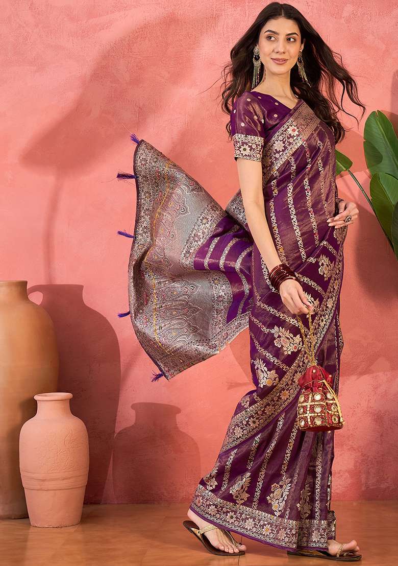 Purple Embroidered Simmer Saree Set for Diwali and Festive Wear - Indya