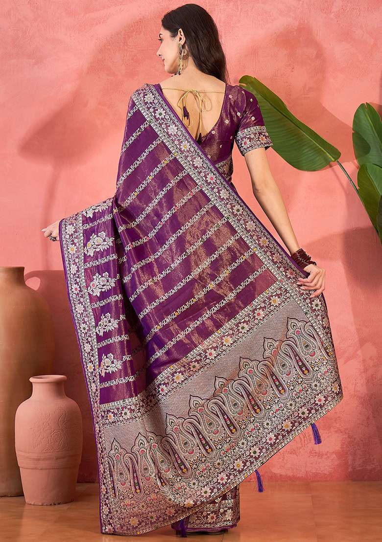 Purple Embroidered Simmer Saree Set for Diwali and Festive Wear - Indya